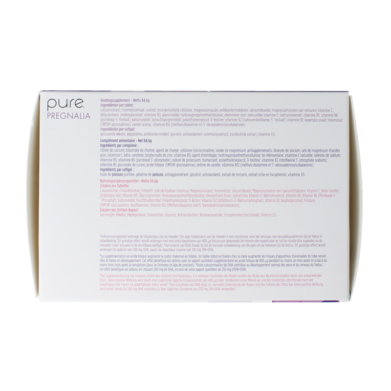 Pure Pregnalia multivitamin supplement box with 60 tablets, featuring colorful packaging and branding on the label.