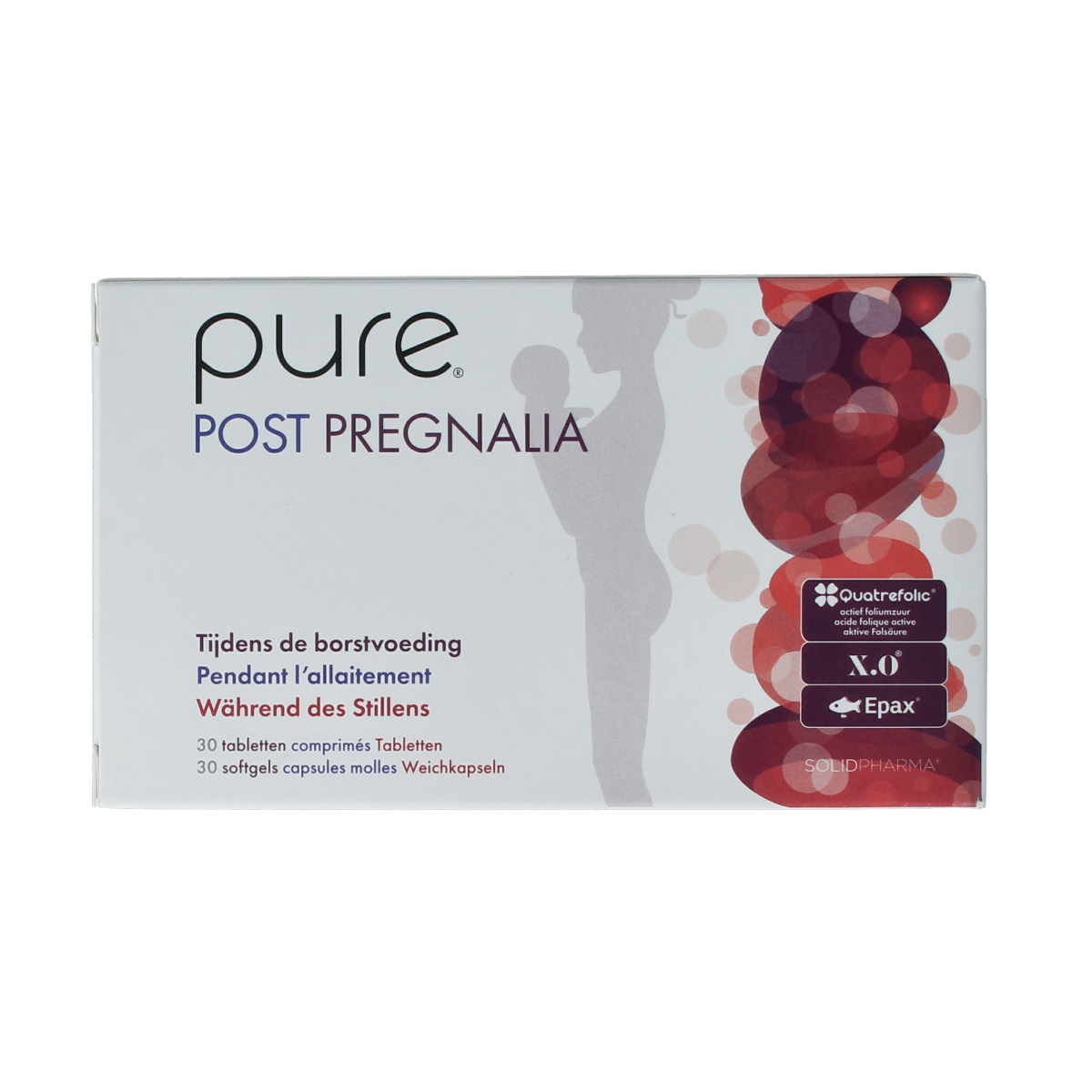 Pure Post Pregnalia dietary supplement with 30 tablets and 30 softgels, designed for pregnancy support, in a clear plastic bottle.