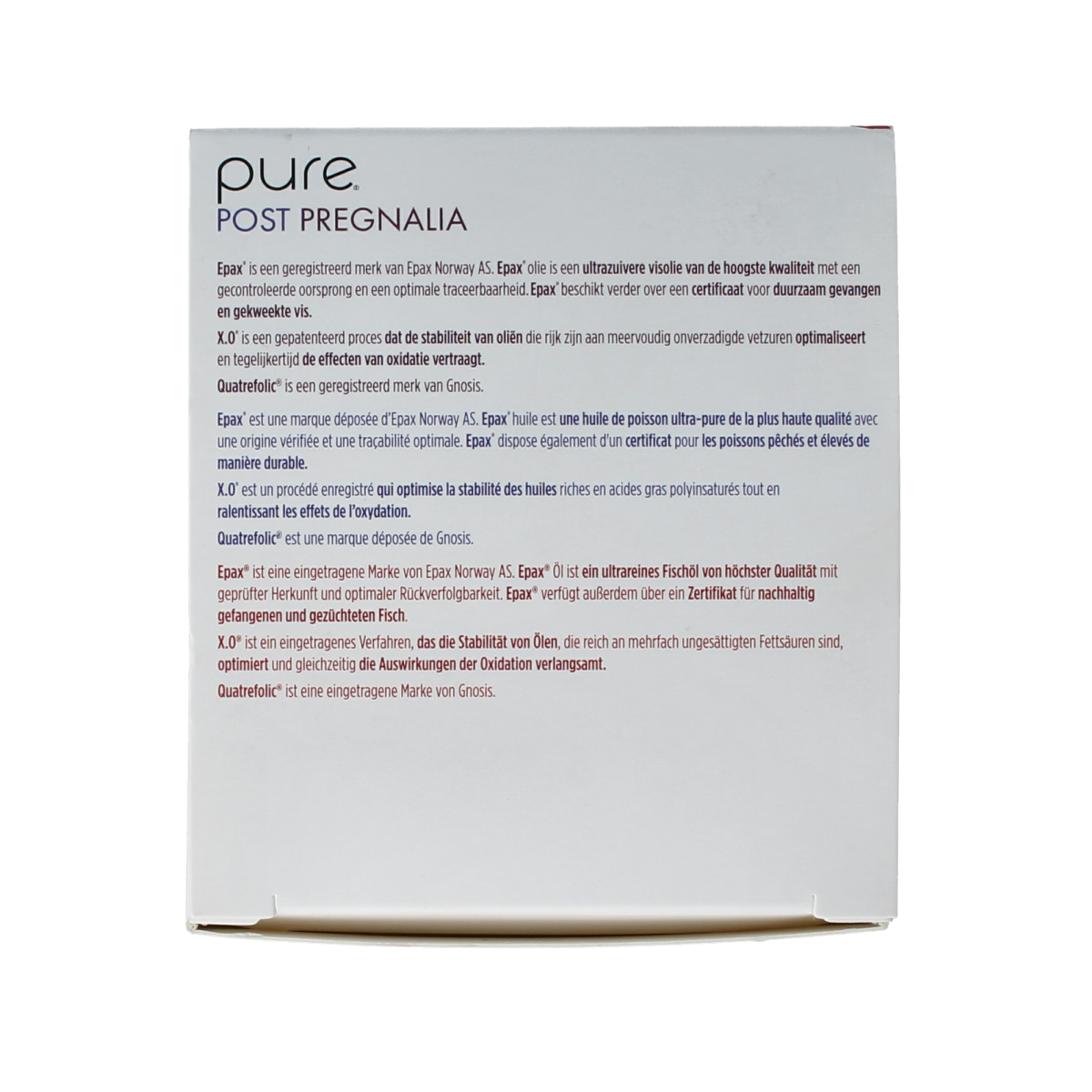 Pure Post Pregnalia dietary supplement in 30 tablets and 30 softgels, featuring natural herbal ingredients for prenatal health.