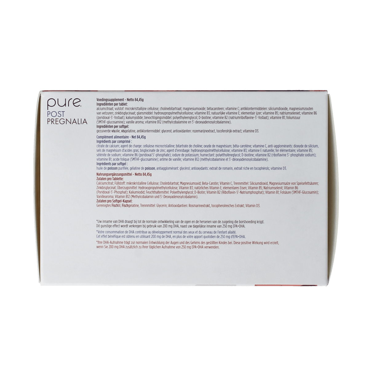 Pure Post pregnalia dietary supplement with 30 tablets and 30 softgels, designed for pregnancy support.
