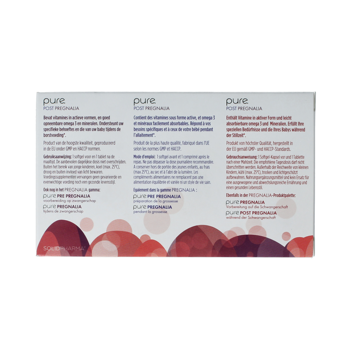 Pure Post Pregnalia dietary supplement with 30 tablets and 30 softgels, designed for pregnancy support, in a clear container.