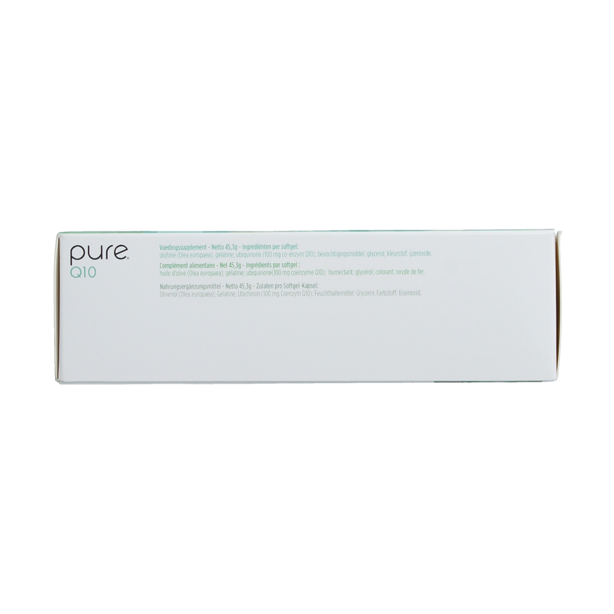 Pure Q10 60 softgels bottle, dietary supplement for energy support, with clear label showing product and brand name.