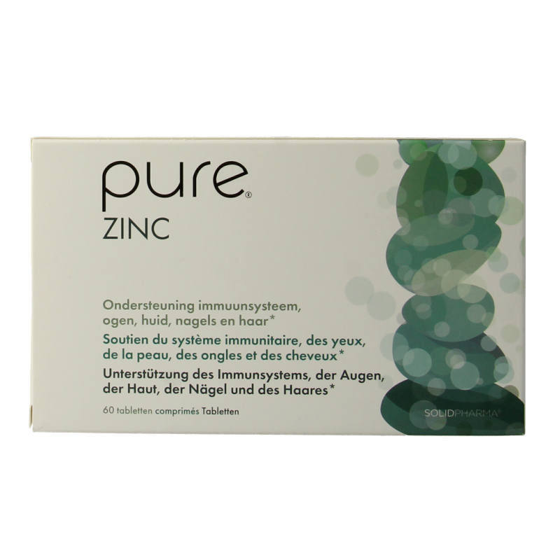 Pure Zinc 60 tablets, mineral supplement by Pure, showing the bottle with tablets and label on a white background.