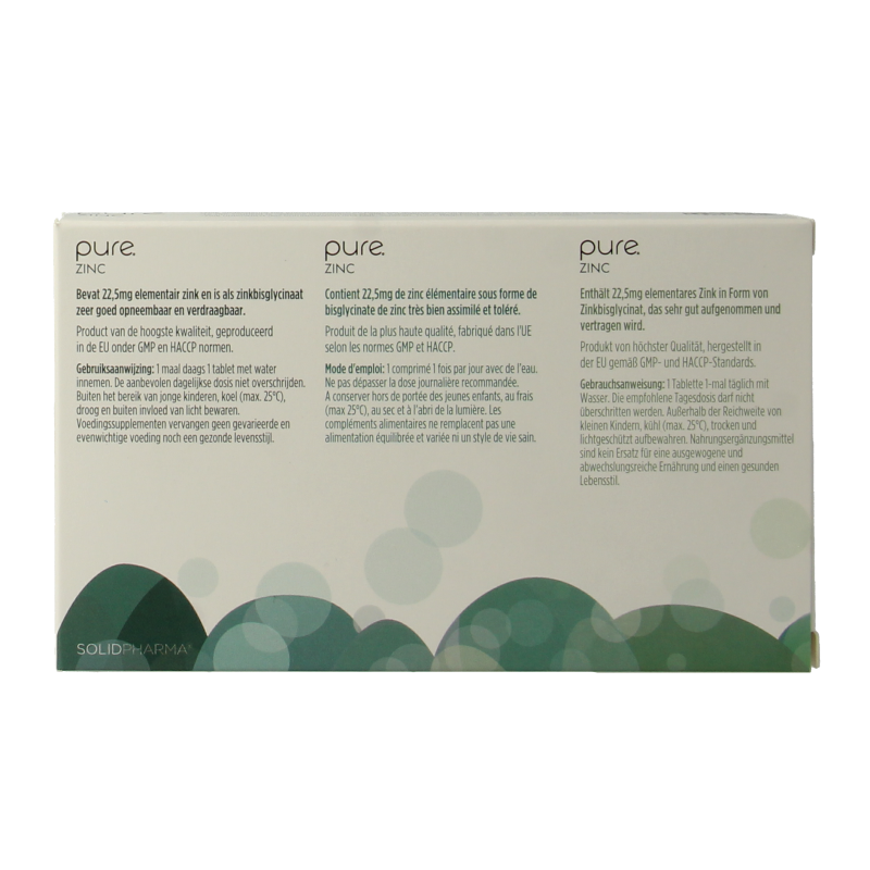 Pure Zinc 60 tablets, mineral supplement in a white bottle with blue label, featuring zinc tablets inside.