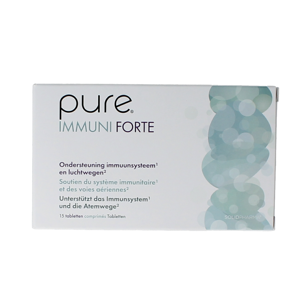 Pure Immuni Forte 15 dietary supplement tablets in a blister pack, designed to support immune health.