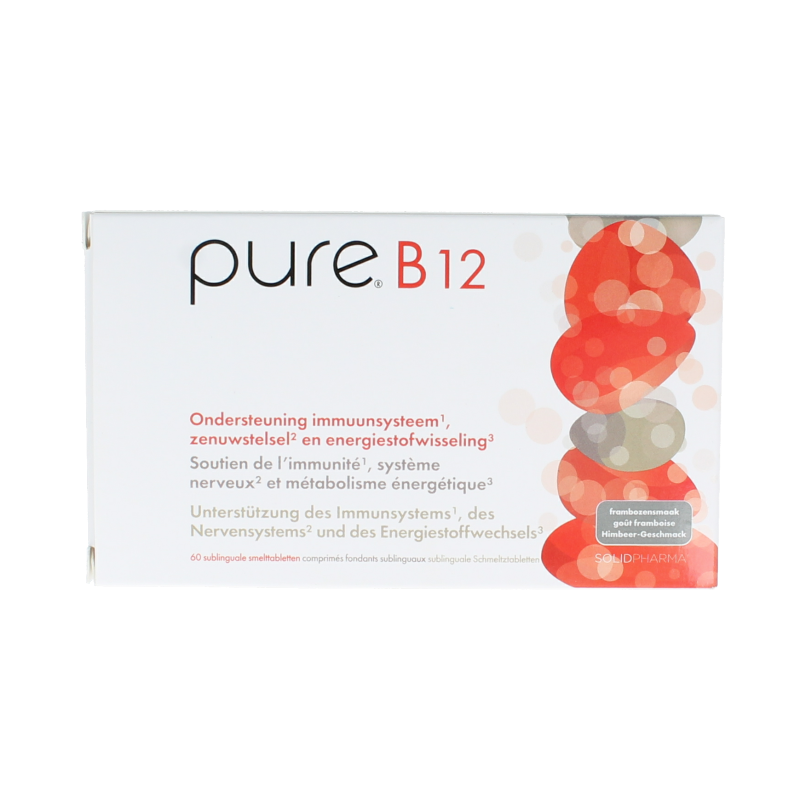 Pure B12 Vitamin Enkel tablets in a bottle, close-up of the supplement packaging and tablets on a white background.