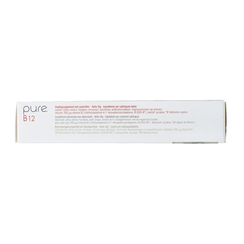 Pure B12 vitamin tablets in a bottle, showing 60 tablets of Pure Enkel B12 supplement for energy and immune support.