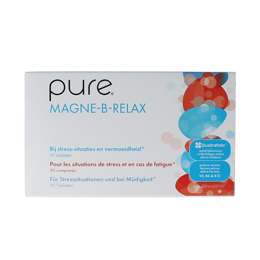 Pure Magne B relax mineral tablets in a bottle, showing the label and product packaging for mineral supplement.