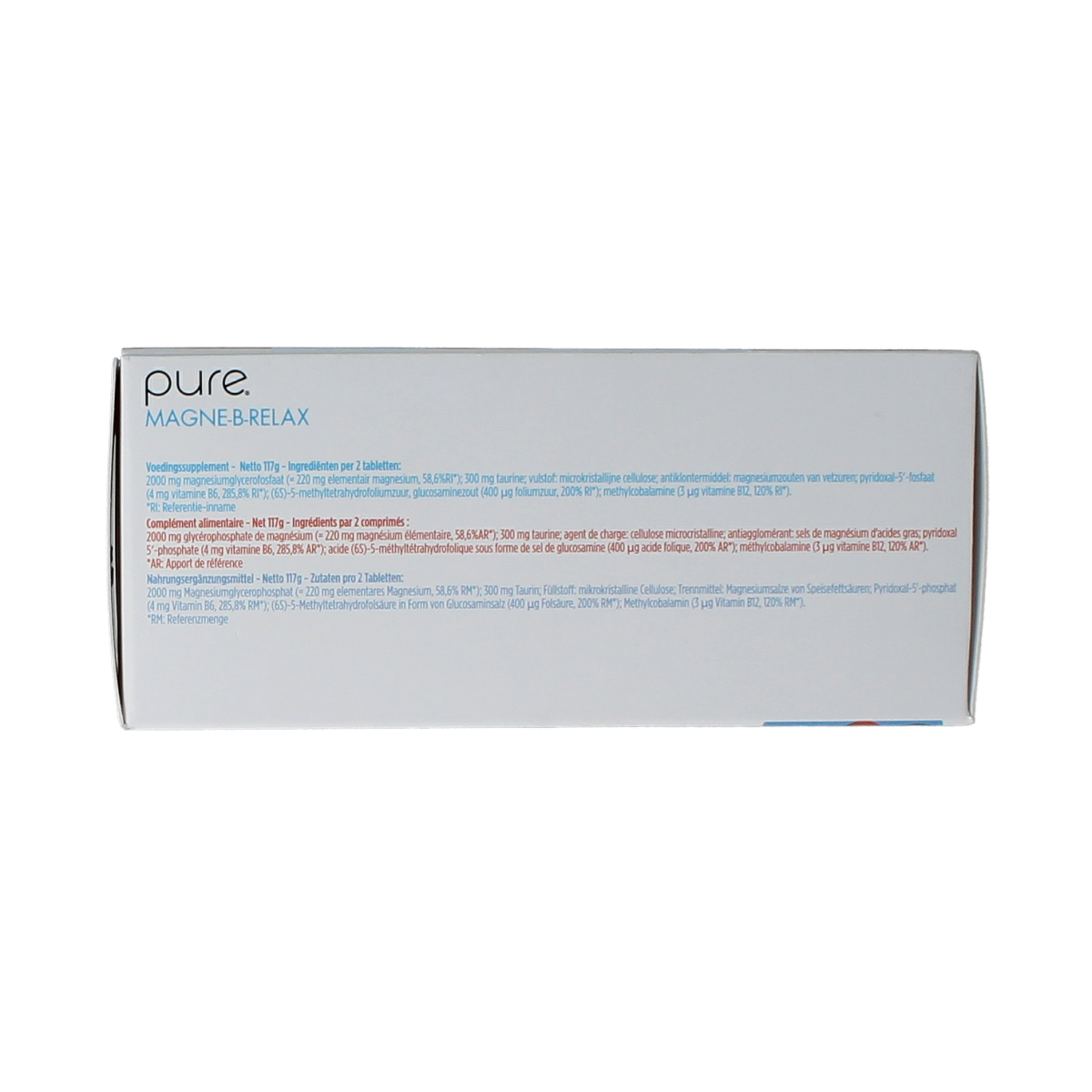 Pure Magne B Relax mineral tablets in a bottle, showing the packaging and tablets inside.