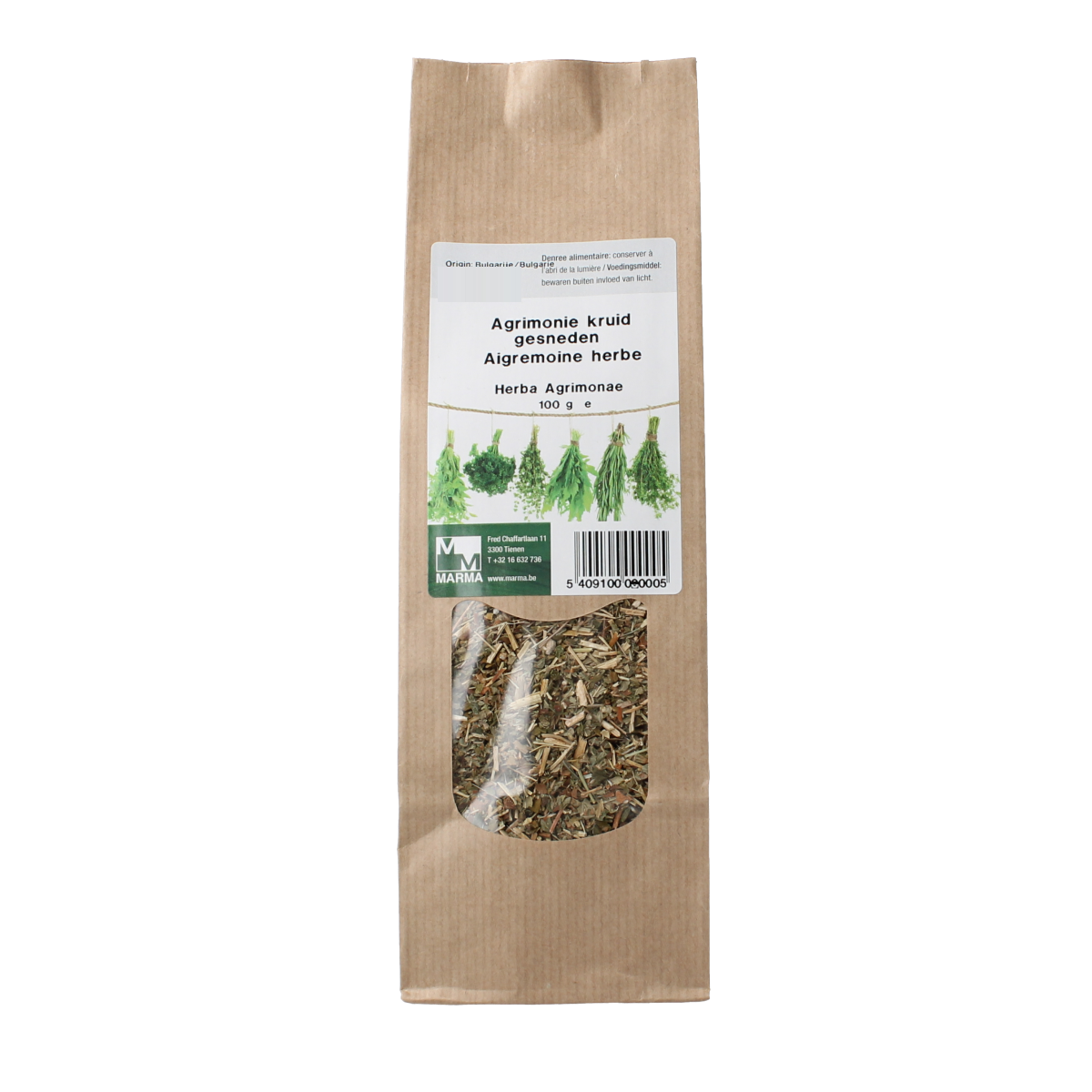 Sliced agrimony herb from Marma in a 100g package, used as a natural seasoning or herbal supplement.