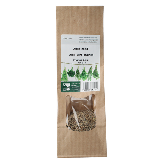 Marma Anijszaad 100g in a clear container, showcasing aromatic raw anise seeds used in superfoods and cooking.