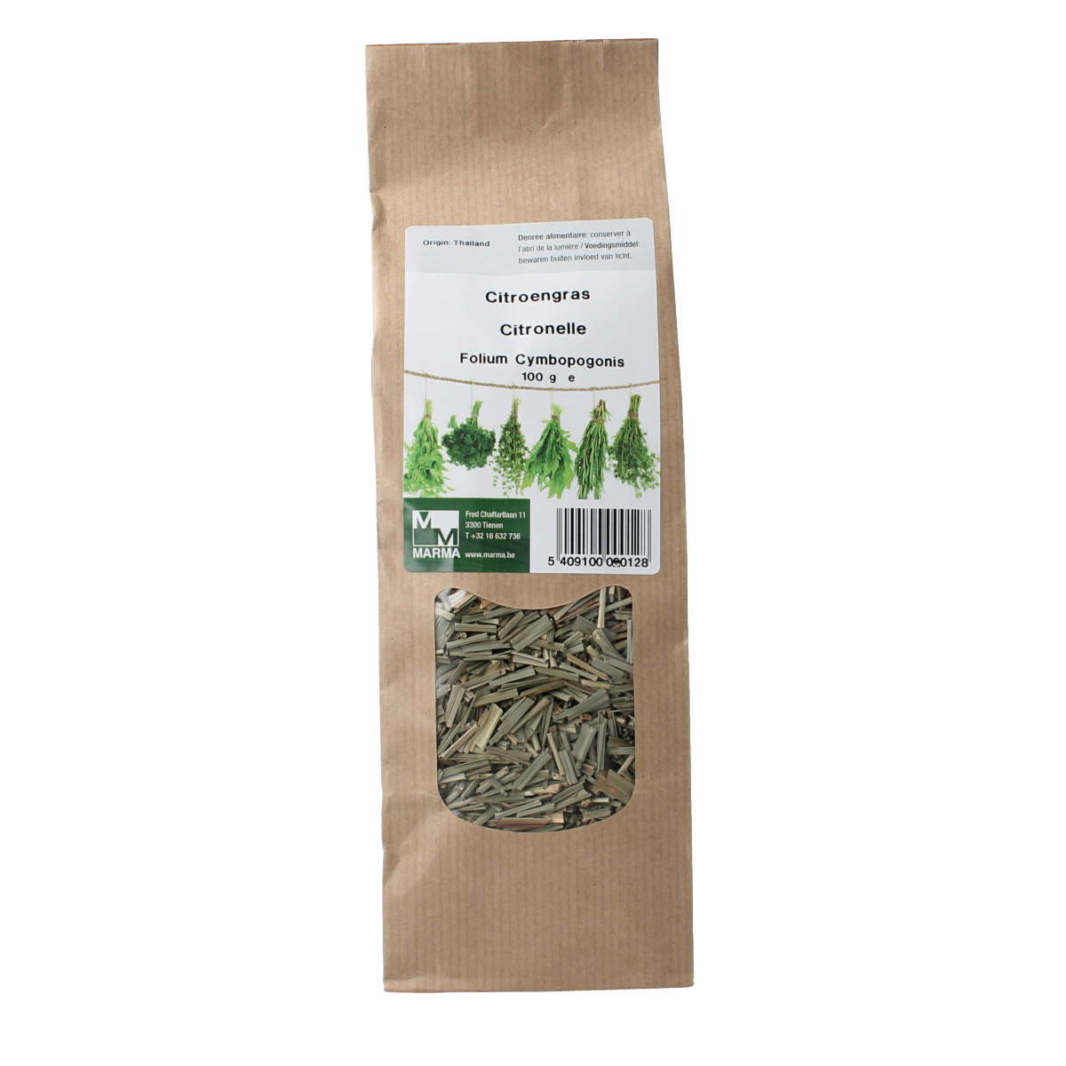 Marma Citroengras 100g, fresh-looking green stalks of lemongrass in a clear container, used for cooking and flavoring dishes.