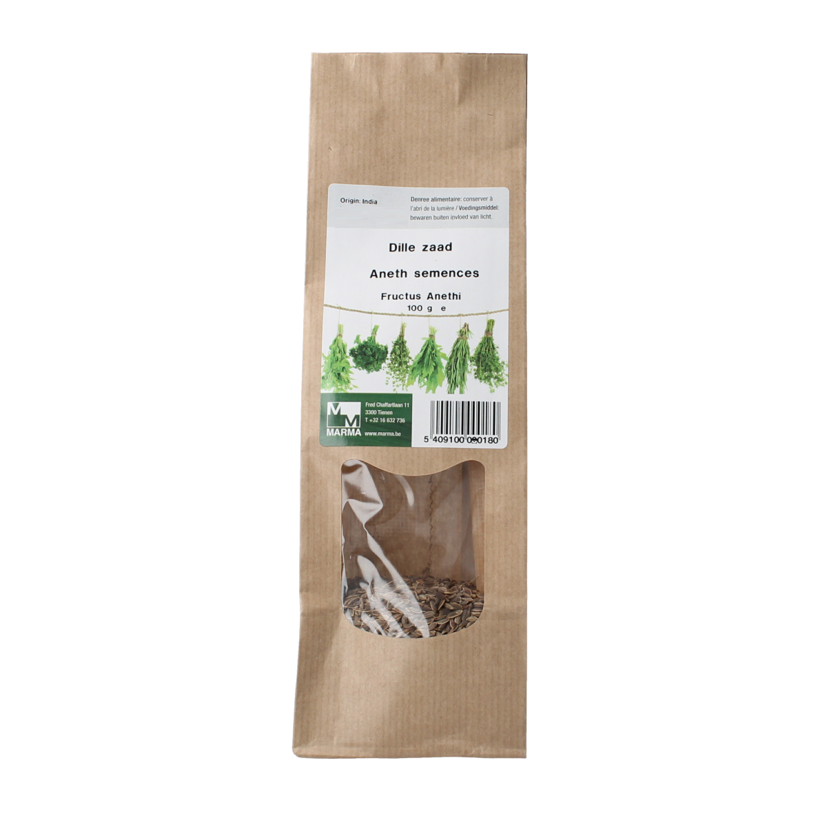Marma Dillezaad 100g, herbal spice mix from Marma, featuring dried dill seeds in a clear container.