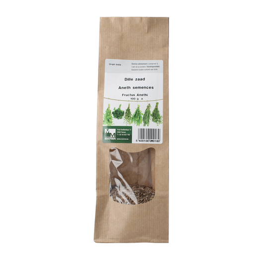 Marma Dillezaad 100g, herbal spice mix from Marma, featuring dried dill seeds in a clear container.