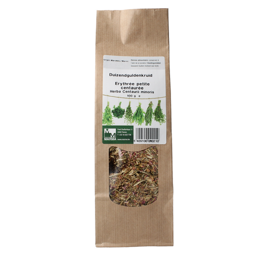 Marma Duizendguldenkruid in a 100g package, natural herbal seasoning from Marma, used in spices and meal mixes.