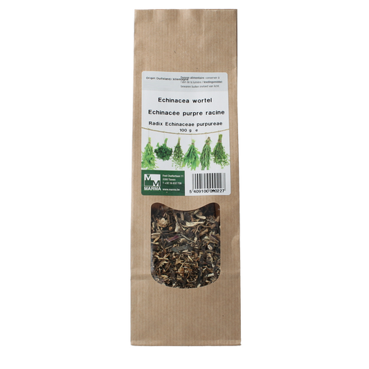 Marma Echinacea wortel kruiden in 100g package, fresh dried herbal root for teas and remedies.