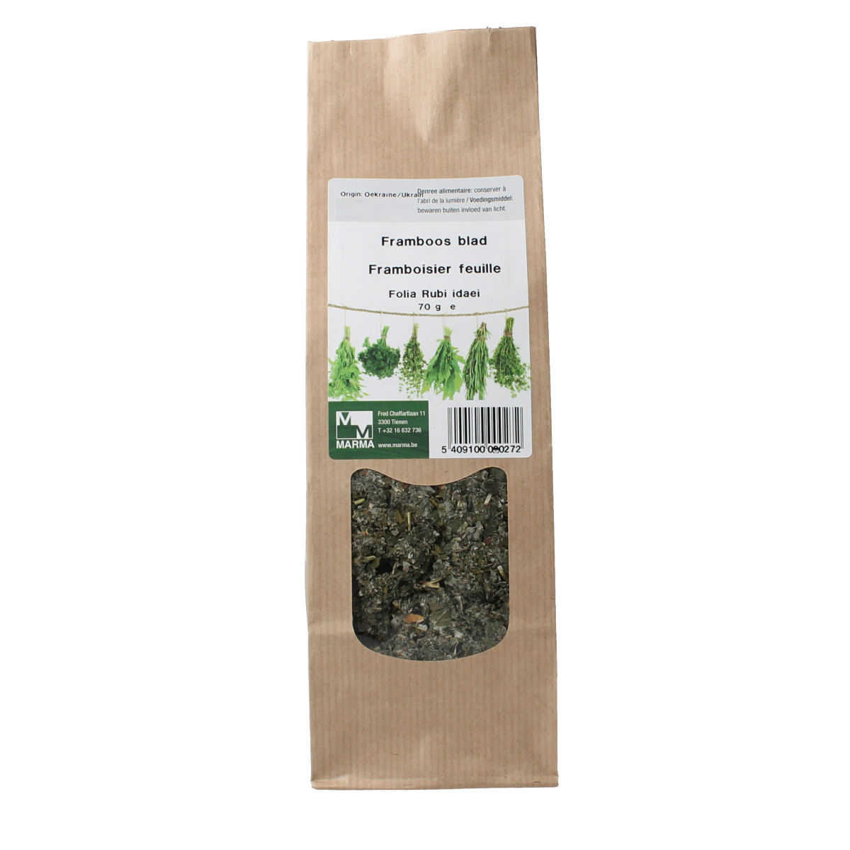 Marma Framboos blad, 70g, dried raspberry leaves for herbal teas and culinary use, from Marma kruiden, zout en maaltijdmixen.