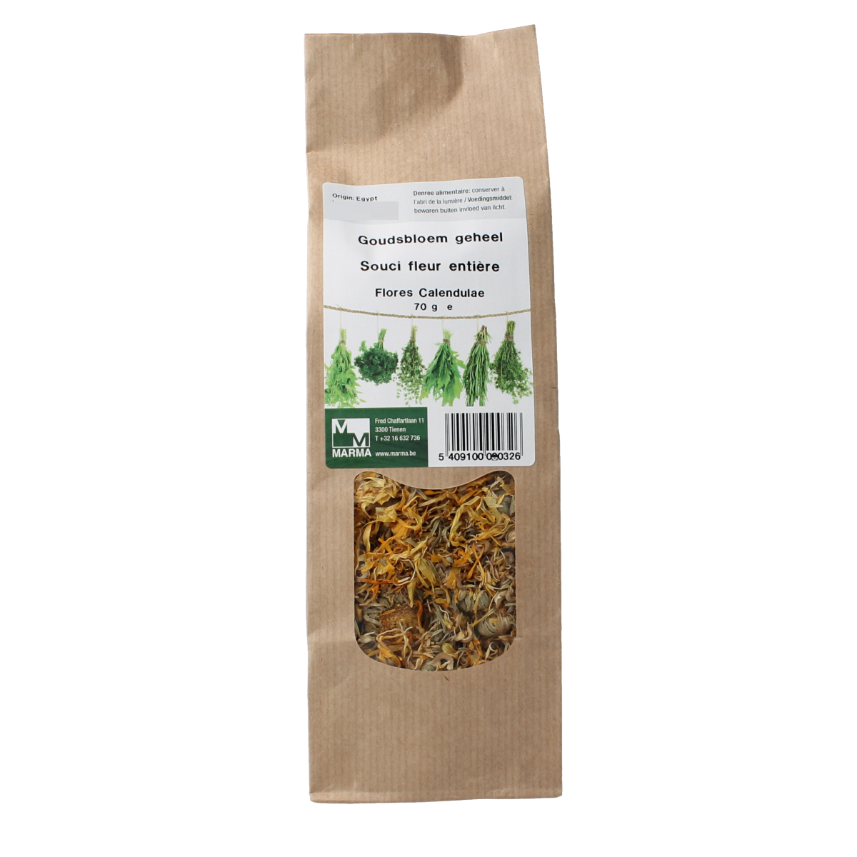 Marma Goudsbloem herbal spice mix in a 70g package, used for cooking and flavoring dishes.