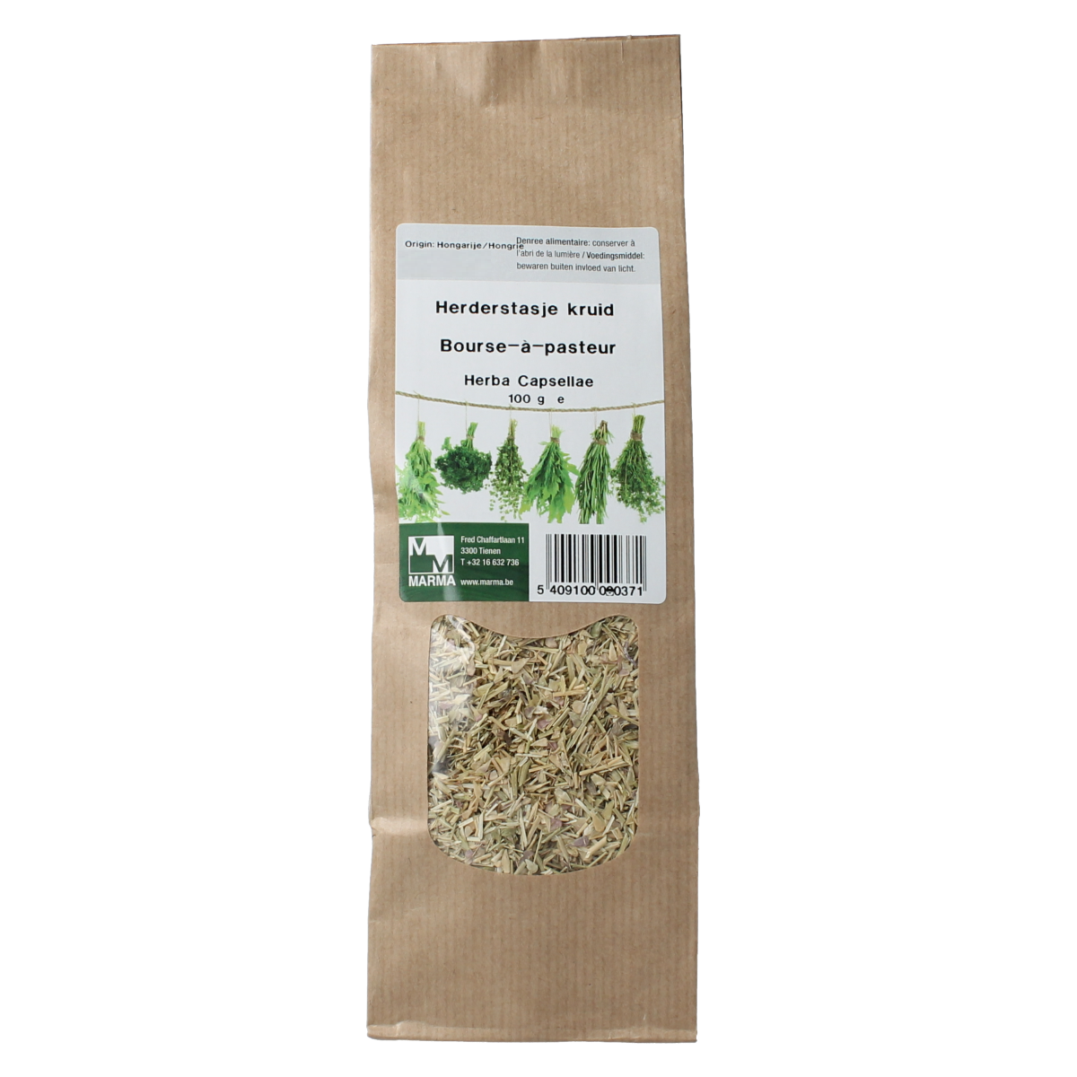 Marma Herderstasje kruid, 100g, in a clear plastic bag, used for herbal seasoning and culinary mixing.