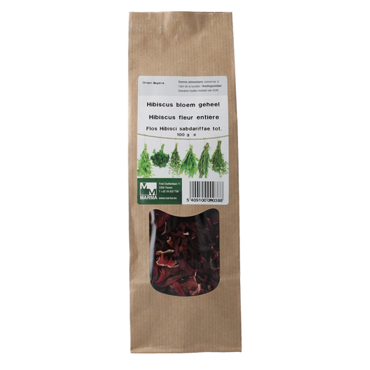 Marma Hibiscus bloem, 100g, whole dried hibiscus flowers for herbal teas and cooking, from Marma kruiden en zouten collectie.
