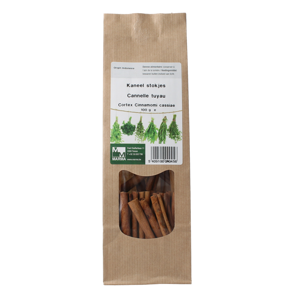 Marma Kaneel cassia stokjes, 100g, displayed in a clear container, used as a flavorful spice in cooking and baking.
