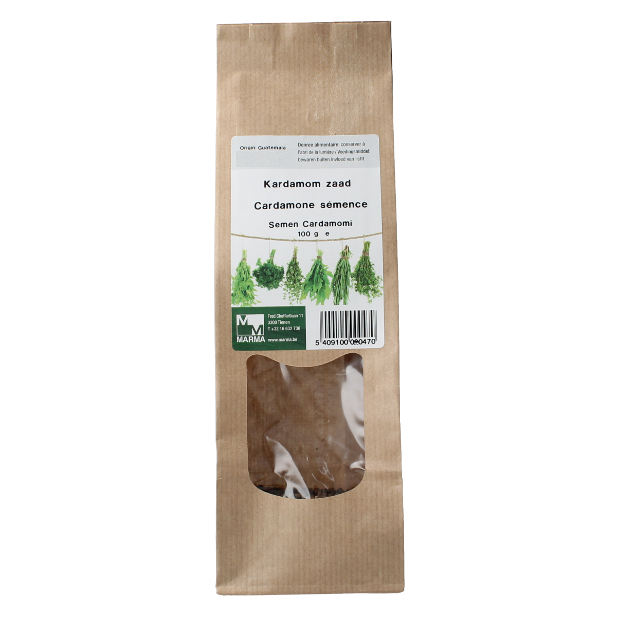 Marma Kardemom zaad 100g in a clear container, showcasing aromatic green cardamom seeds used in spices and cooking.