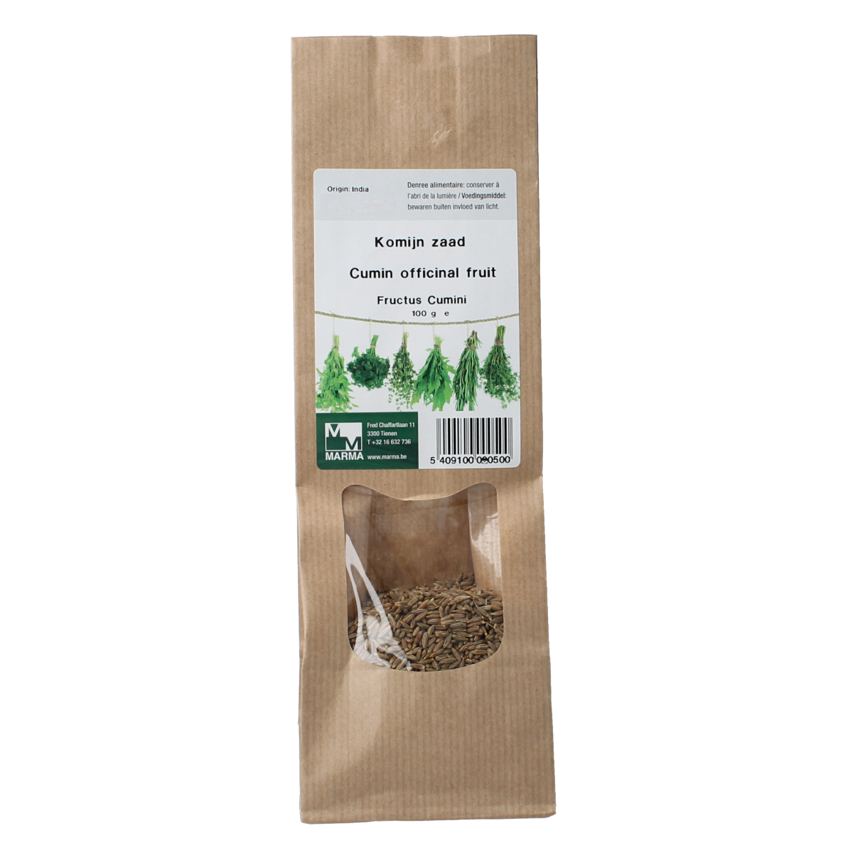 Marma Komijn vrucht zaad in 100g package, a spice seed used in herbs, salts, and meal mixes, shown in a clear image.