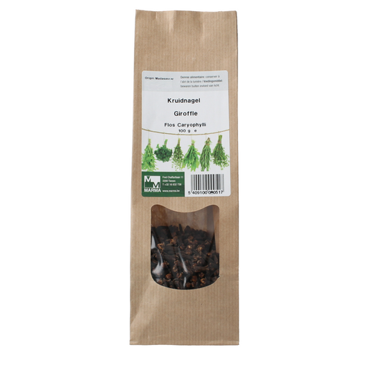 Marma Kruidnagel heel, 100g, organic whole cloves in a transparent container, used as a spice in cooking.