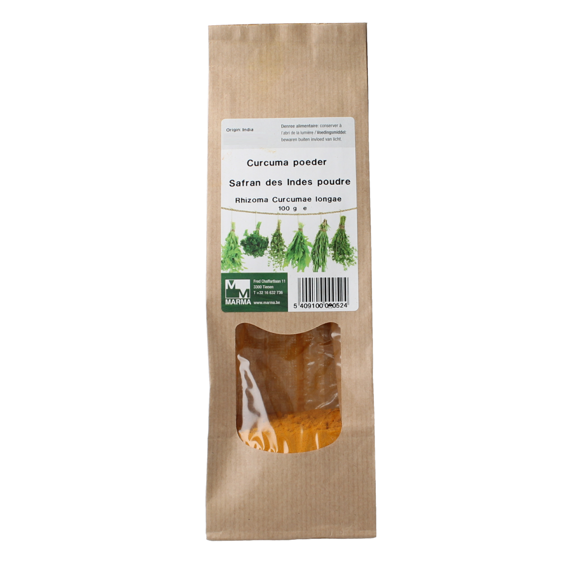 Marma Curcuma powder in a 100g package, a turmeric spice used in herbs, salts, and meal mixes for cooking and flavoring.