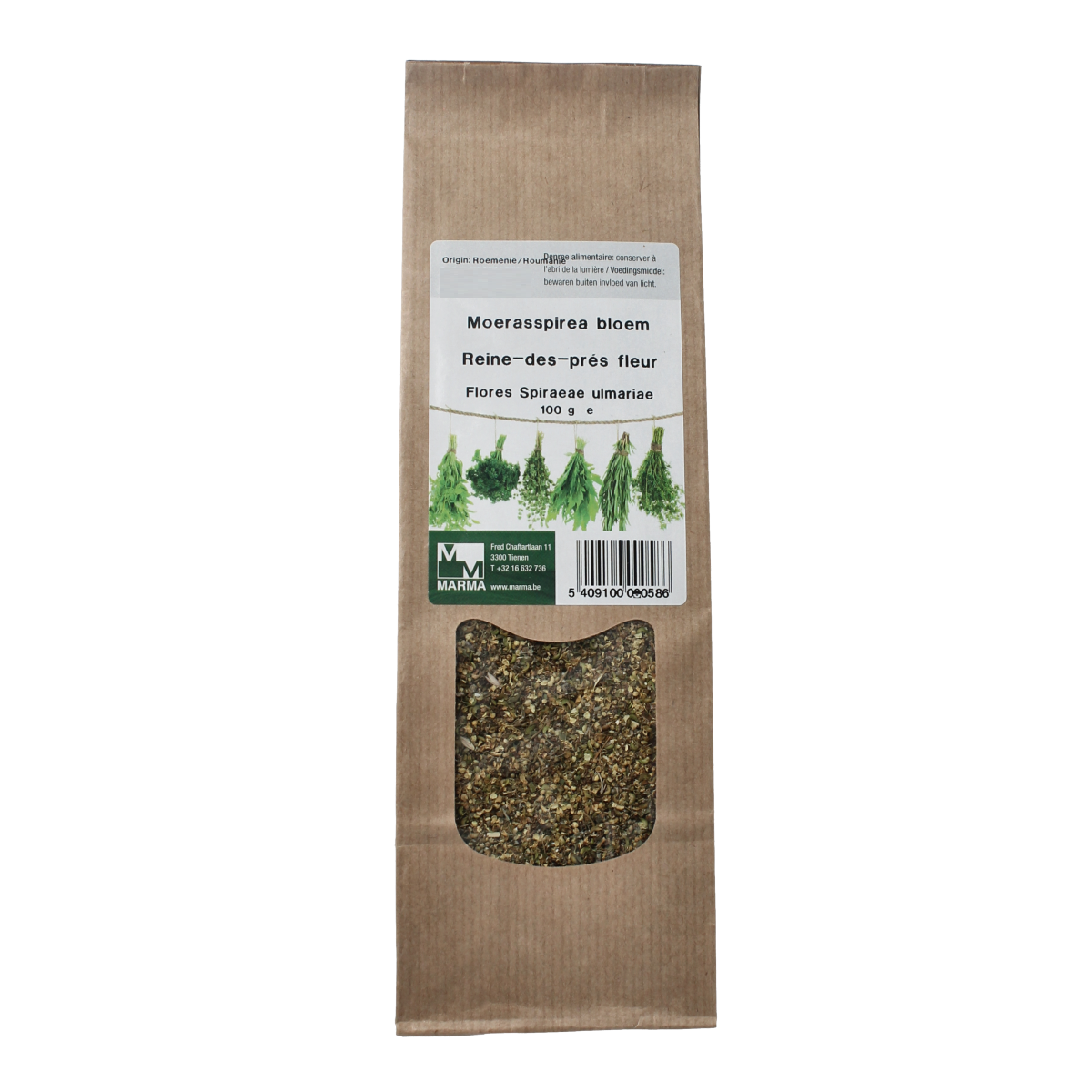 Marma Moerasspirea bloem in 100g package, natural herb used in cooking, part of kruiden, zouten en maaltijdmixen.