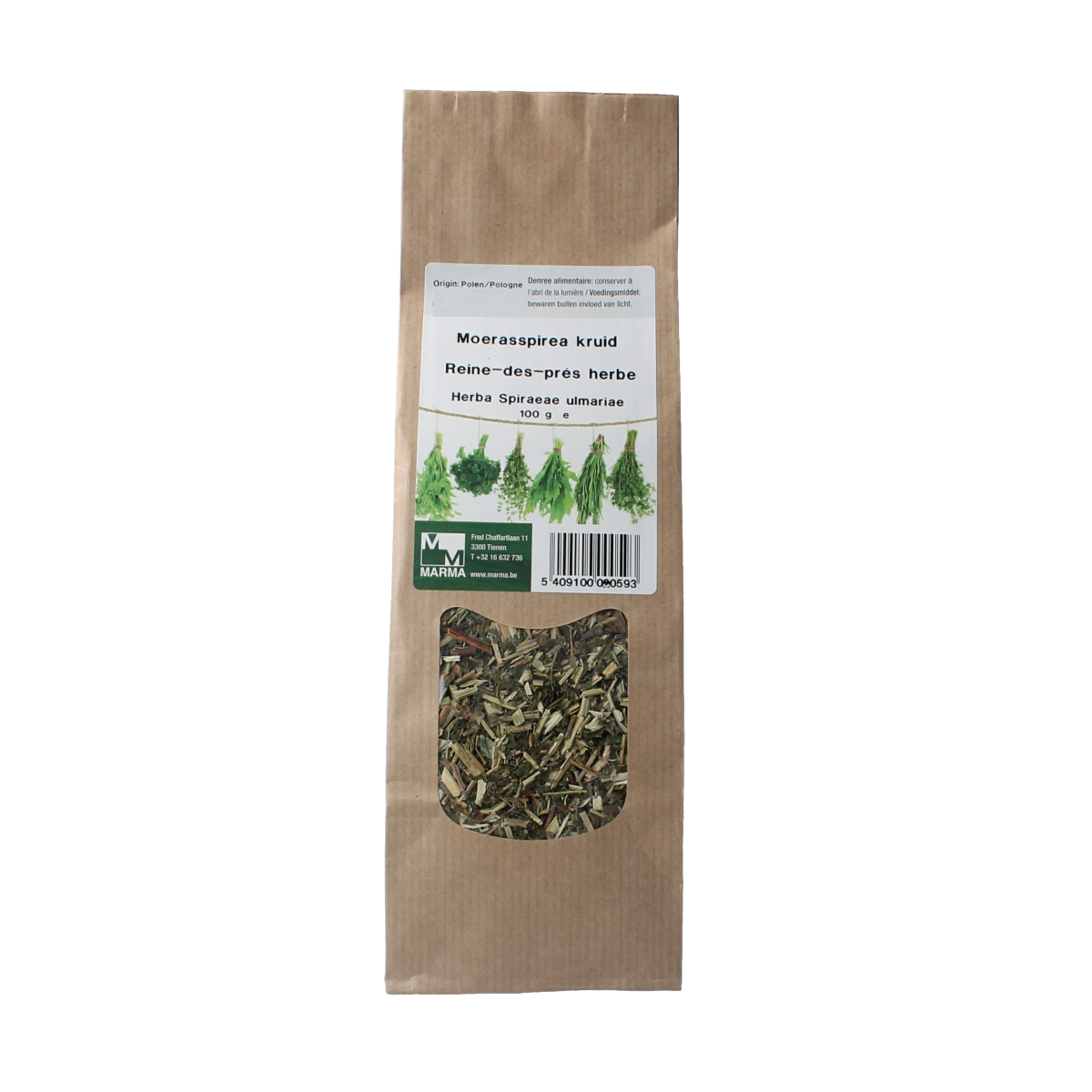 Marma Moerasspirea kruid in 100g package, a herbal spice used in cooking, shown in its packaging with fresh herbs.