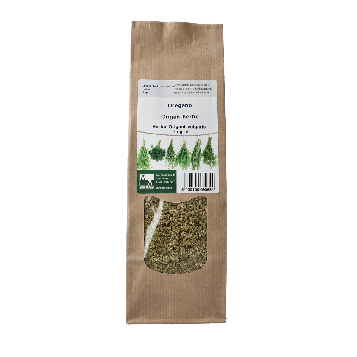 Marma Oregano 70g bottle showing fresh dried oregano herbs in a clear container for cooking and seasoning.