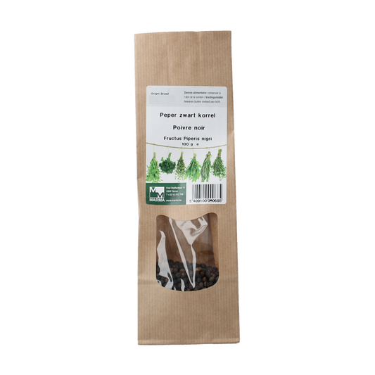 Marma Peper zwarte korrel in 100g jar, a fresh black pepper spice from Marma for seasoning and cooking.