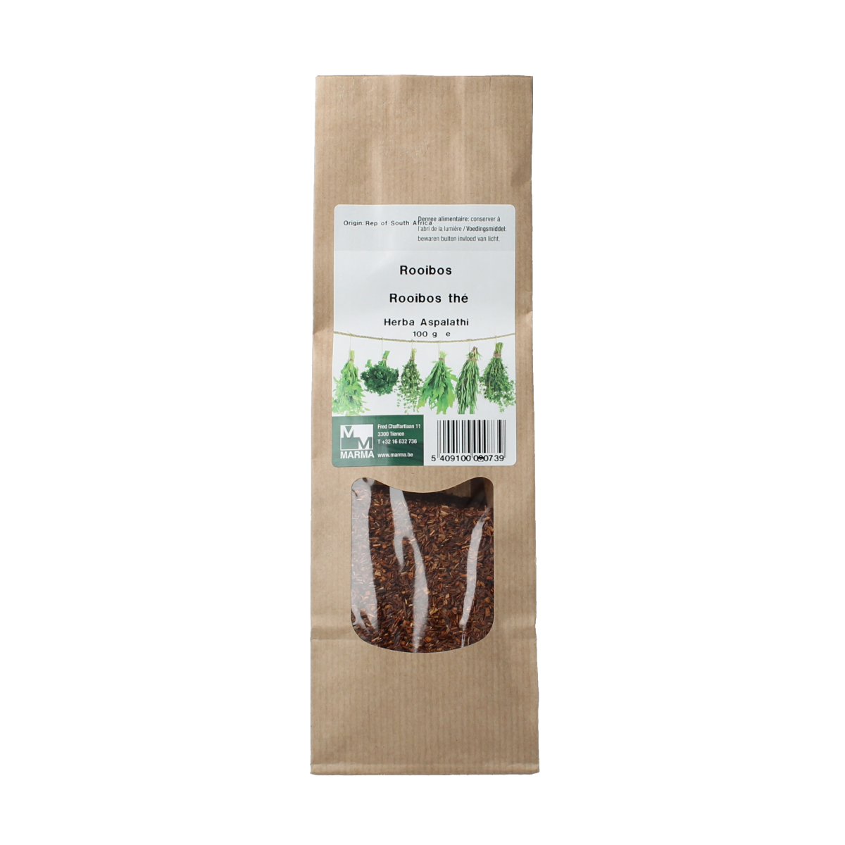 Marma Rooibosthee 100g box, a natural caffeine-free herbal tea from Marma, with reddish rooibos leaves visible in the image.