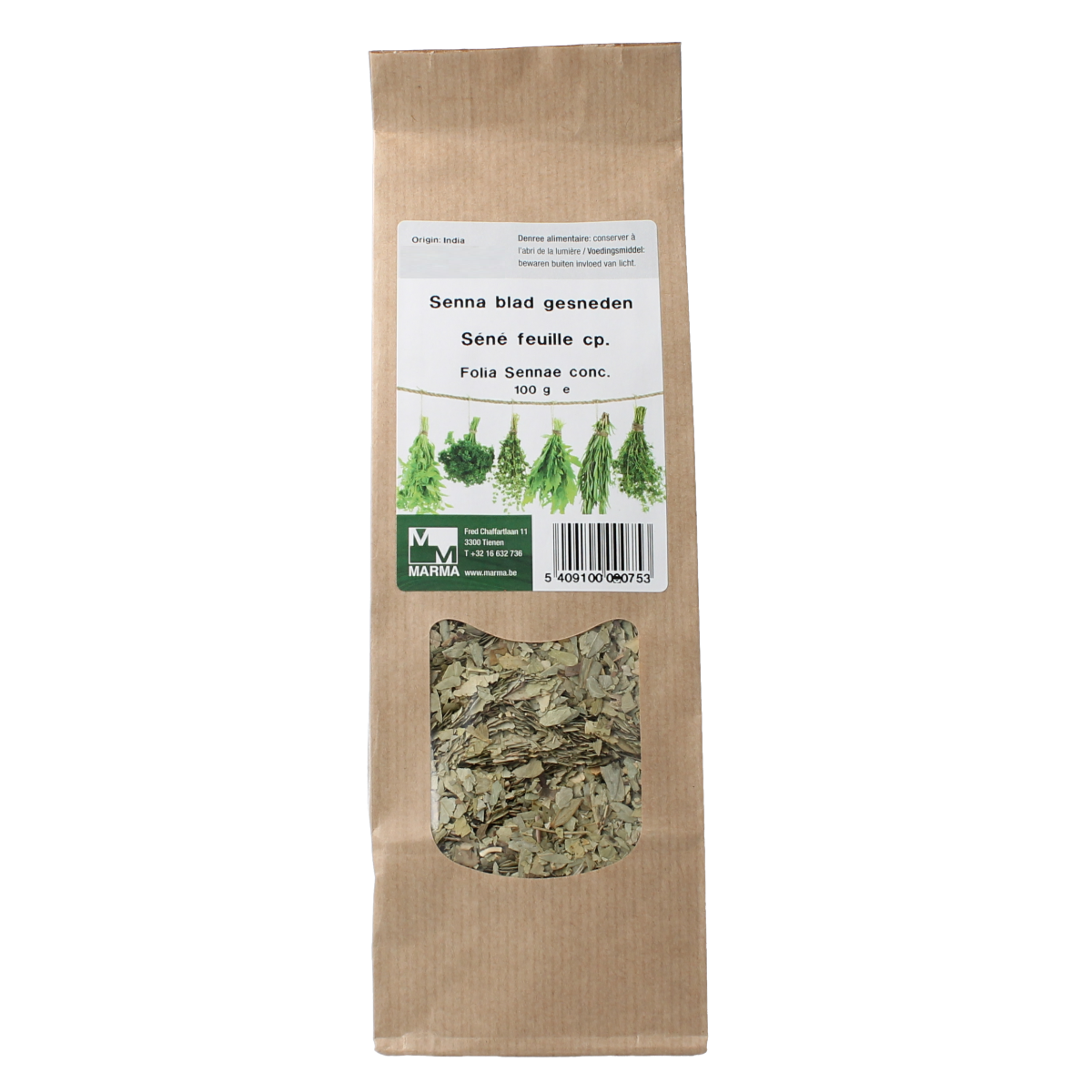 Marma Senna blad gesneden in 100 gram package, herbal seasoning and ingredient for cooking and health uses.