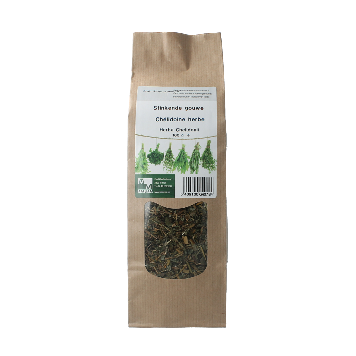Marma Stinkende Gouwe kruiden in 100g package, used in culinary and traditional herbal remedies.