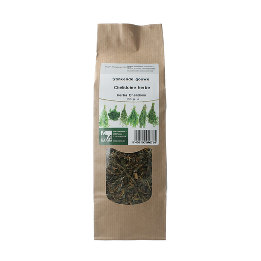 Marma Stinkende Gouwe kruiden in 100g package, used in culinary and traditional herbal remedies.