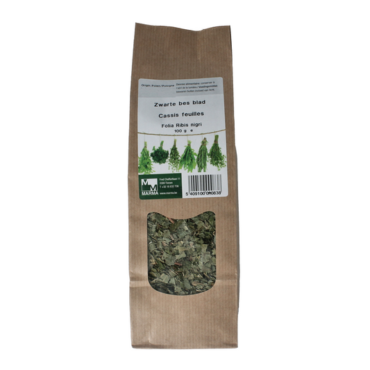 Marma Zwarte Bes blad kruiden in 100g package, natural dried black currant leaves for cooking and herbal use.