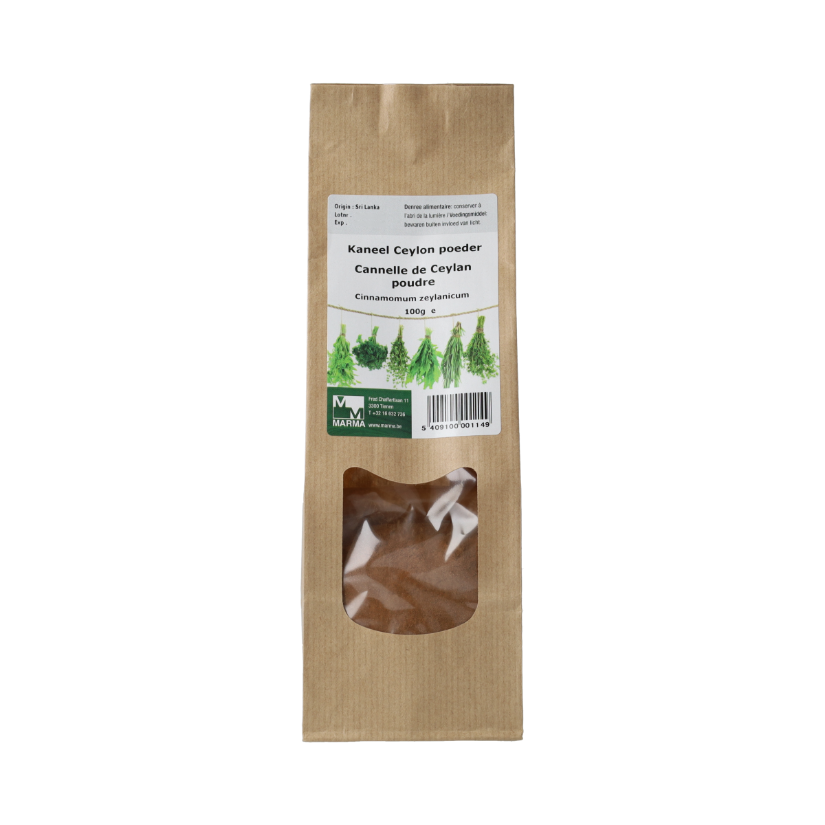 Marma Kaneel Ceylon gemalen, 100g, ground cinnamon spice from Marma, used in cooking and baking, in a clear container