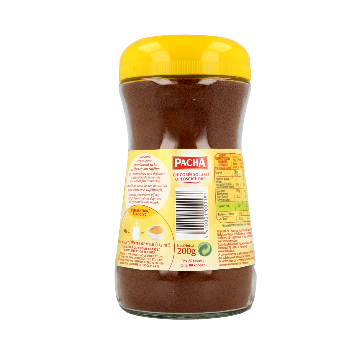 Pacha Pacha Instant koffie bruin in 200g jar with coffee granules, perfect for brewing a quick, flavorful cup of coffee.