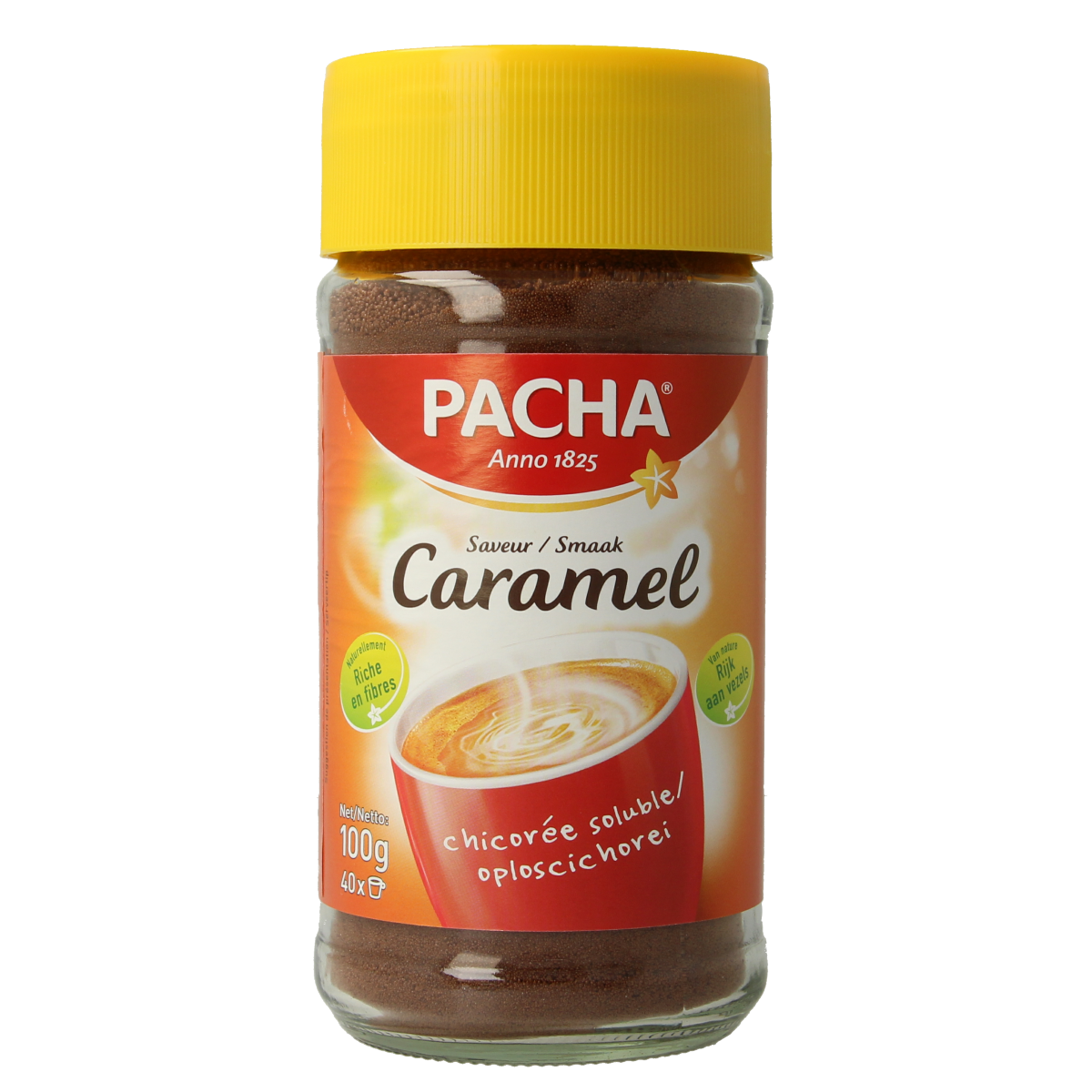 Pacha Caramel koffie in 100g package, showcasing rich coffee beans and caramel flavor details on the label.