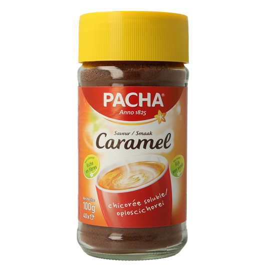 Pacha Caramel koffie in 100g package, showcasing rich coffee beans and caramel flavor details on the label.