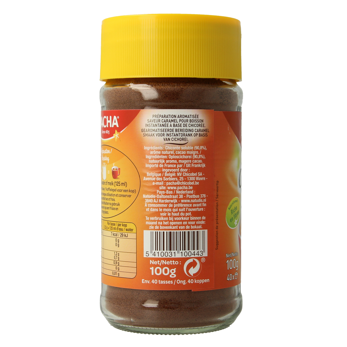 Pacha Caramel koffie 100g package, premium coffee and tea product with caramel flavor from Pacha brand