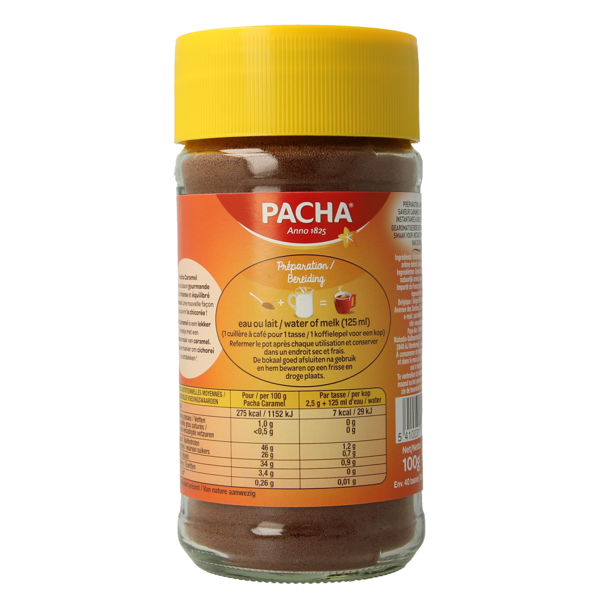 Pacha Caramel koffie 100g bag, premium coffee and tea product with caramel flavor, shown in the image.