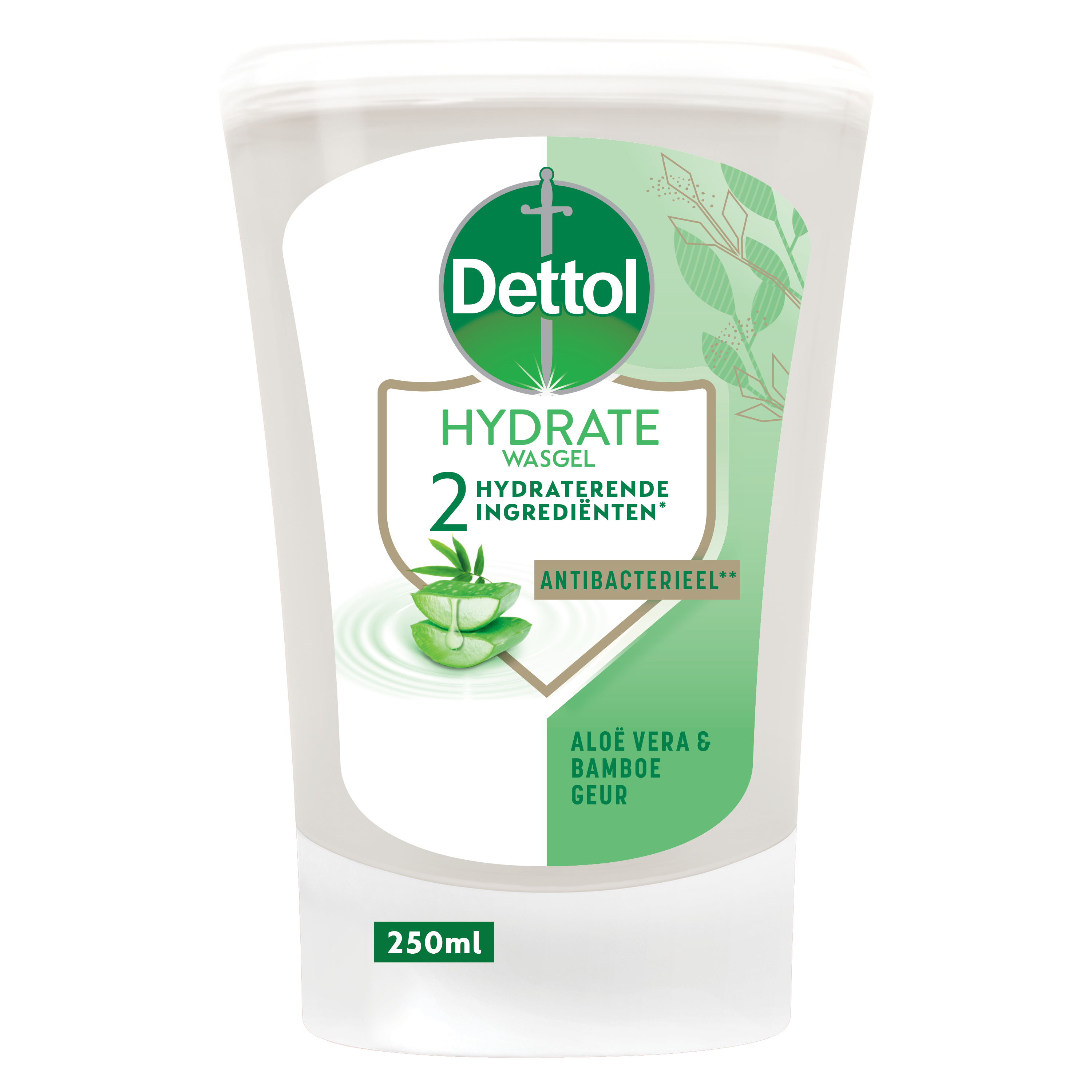 Dettol No Touch Aloe Vera refill bottle, 250ml, for automatic hand sanitizer dispenser, in a clear plastic container