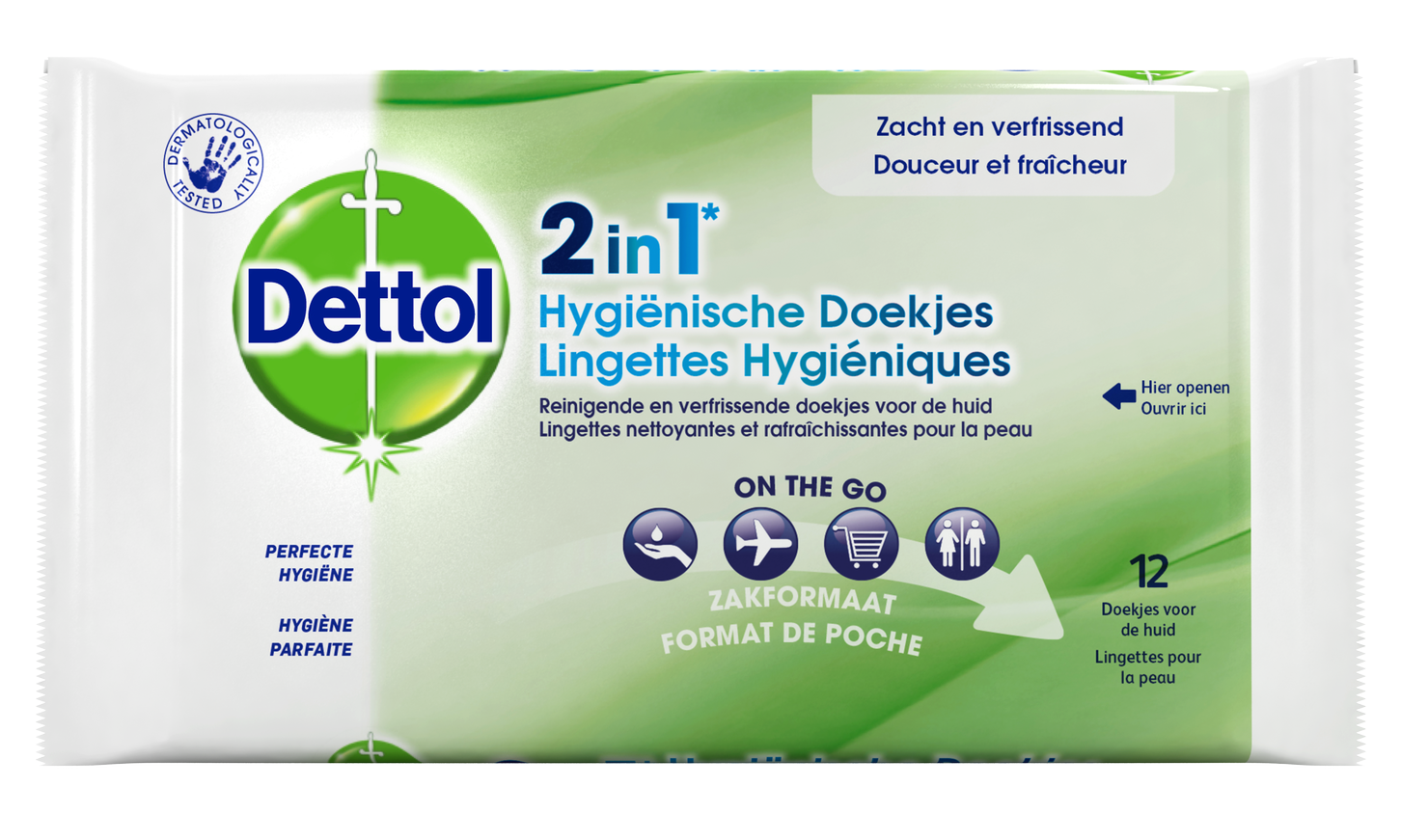 Dettol 2-in-1 wipes for body care, 12-pack, featuring soft textured cloths for cleansing and refreshing skin.