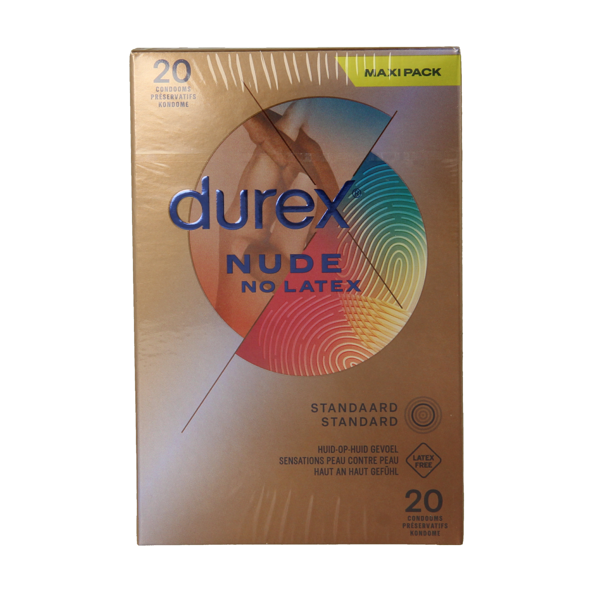 Durex Real Feel latex-free condoms, 20 pack, with transparent packaging showing individual foil-wrapped condoms.