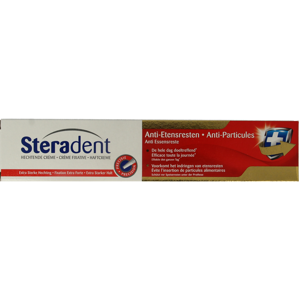 Steradent Fixative for dental prostheses, 75g, showing the packaging and product label.