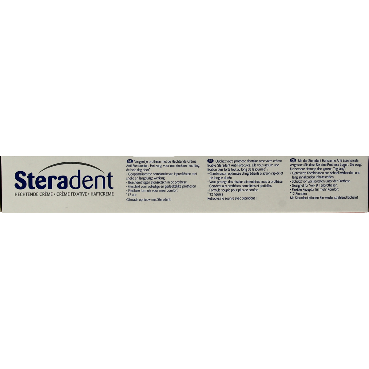 Steradent Fixative for prostheses, anti-particule dental adhesive in a 75g container, designed for secure denture fitting.