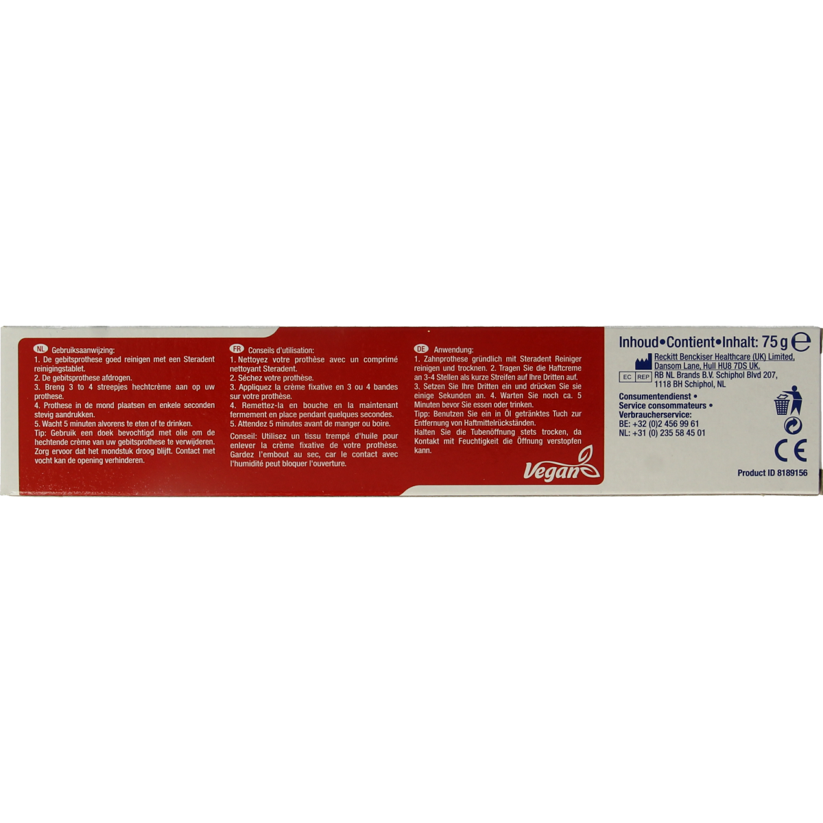 Steradent Fixative for dentures, anti-particule formula in a 75g container, designed to secure prostheses comfortably and securely.